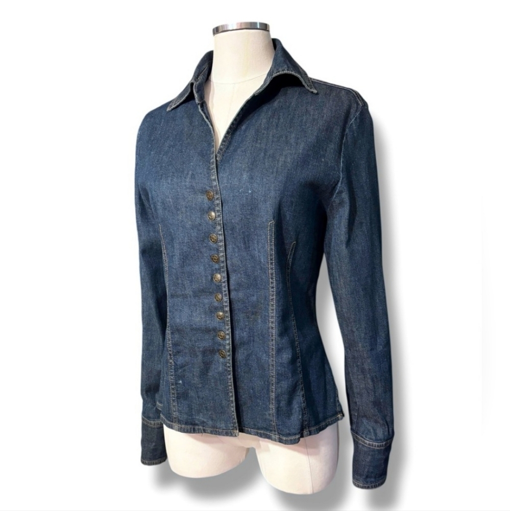 LIVE A LITTLE Stretch Denim Snap Front Fitted Y- Neck Collared Top Y2K